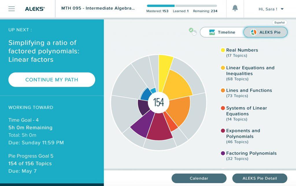 ALEKS pie chart and interface of their website