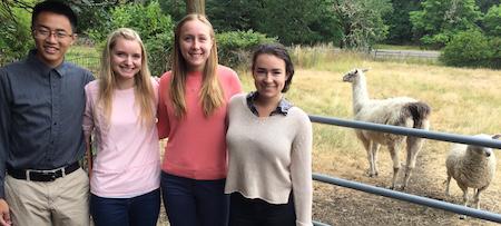 Aaron Huang, Ellen Kulinksy, Betsy Hensel and Shelby Taylor standing with a sheep and llama