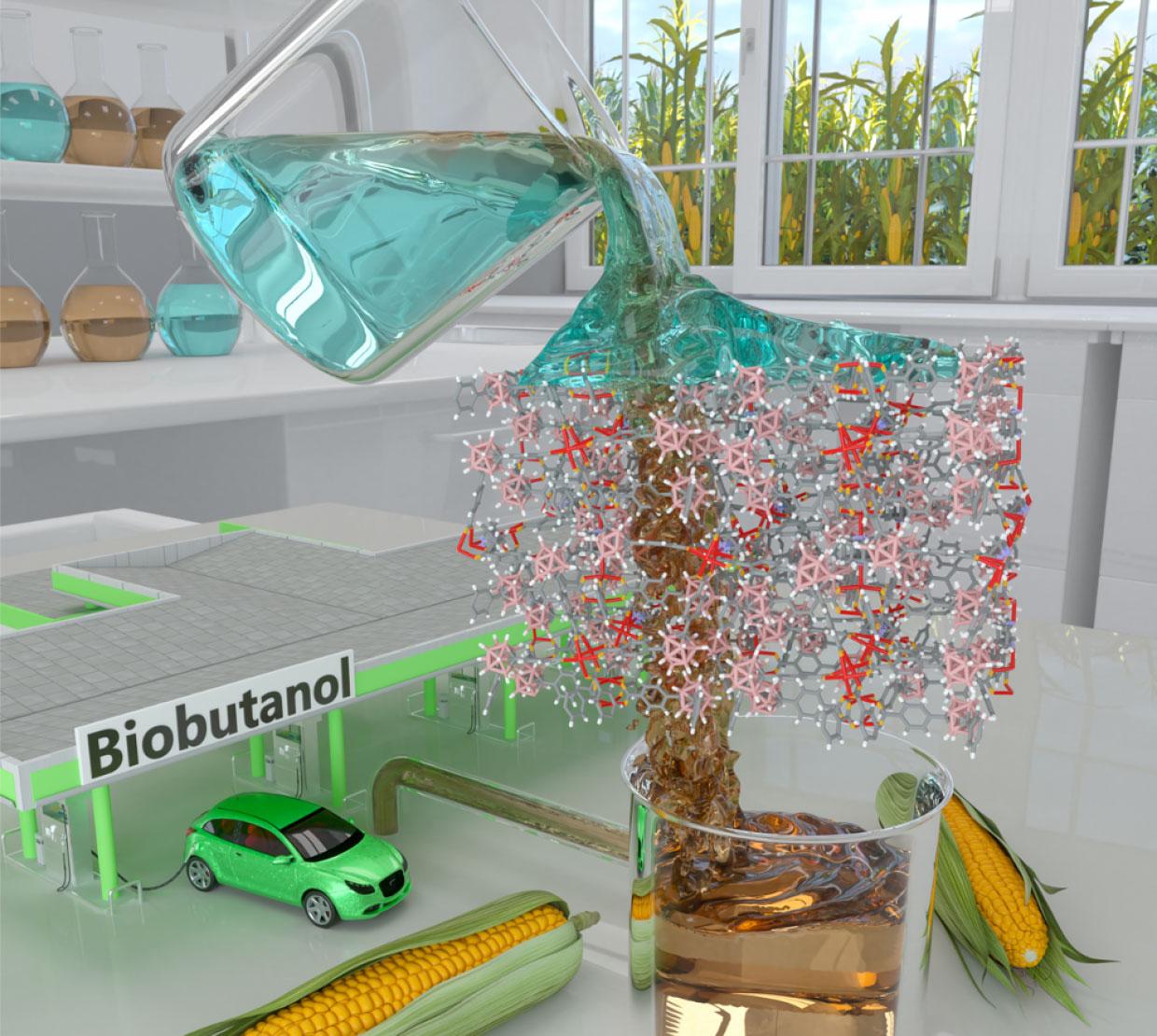 A diagram of biobutanol pouring over a fake, plastic chemistry molecule.