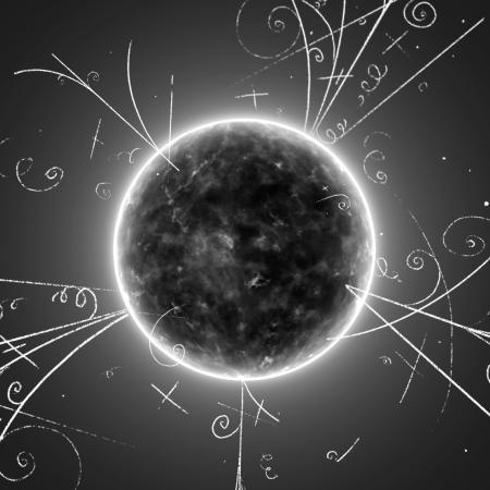 A black and white image of the sun with mathematical shapes coming off of it.