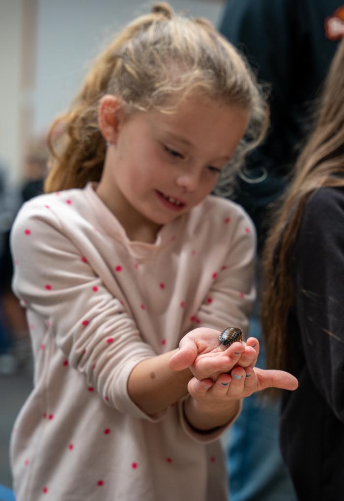 A young student holds up an insect in her hands towards the camera.