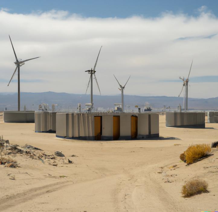 Large windmills stand above a sandy terrain as part of wind energy generation.